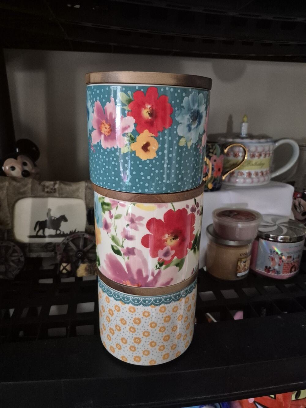 💥 Pioneer Woman Floral Medley Stacking 3-Piece Stoneware Canister Set w/Lids